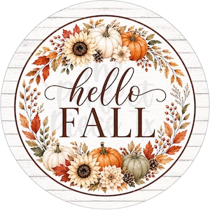 Hello Fall Wreath Sign, Fall Scenery Decor, UV-Coated Metal Sign