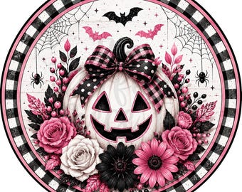 Pink and Black Jack O Lantern Wreath Sign, Halloween Decor, UV-Coated Metal Sign, Jack O Lantern Wreath Sign