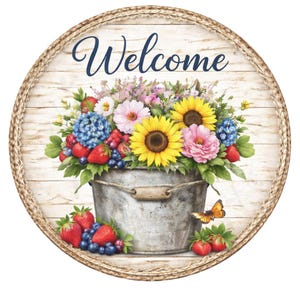 Welcome Tin Flower Wreath Sign, UV Coated Home Decor