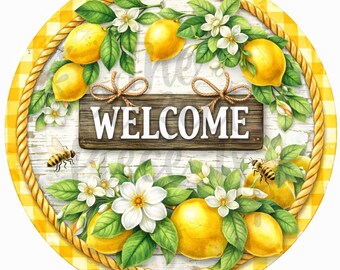 Welcome Lemon Gingham Wreath Sign, Welcome Wreath Sign, Welcome Wreath Signs