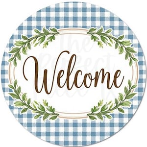 Welcome Gingham Blue Wreath Sign, Welcome Wreath Sign, Welcome Wreath Signs
