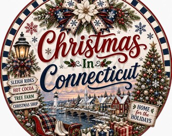 Christmas In Connecticut Wreath Sign, Christmas Wreath Signs, Christmas Signs