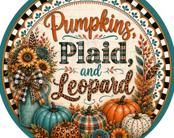 Pumpkins Plaid And Leopard Wreath Sign, Fall Scenery Wreath Sign, Fall Wreath Signs