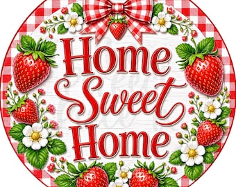Home Sweet Home Strawberry Wreath Sign, Summer Wreath Decor, UV-Coated Metal Sign