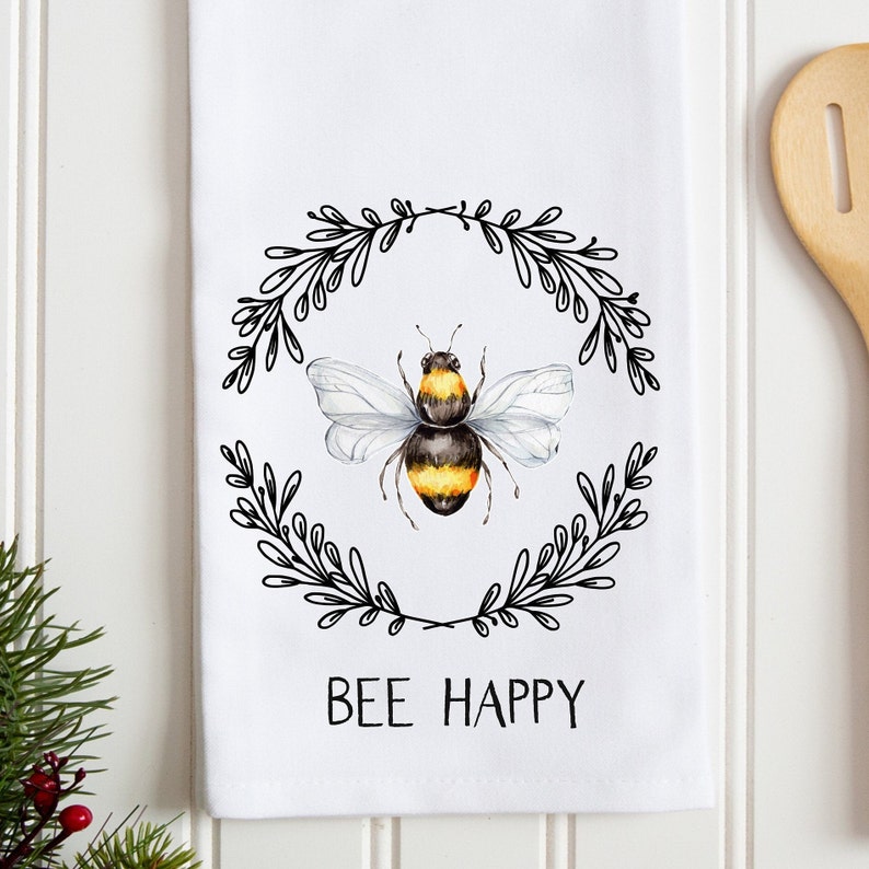 Bees Kitchen Dish Towel Bee Happy Tea Towel Bees Wreath and Etsy
