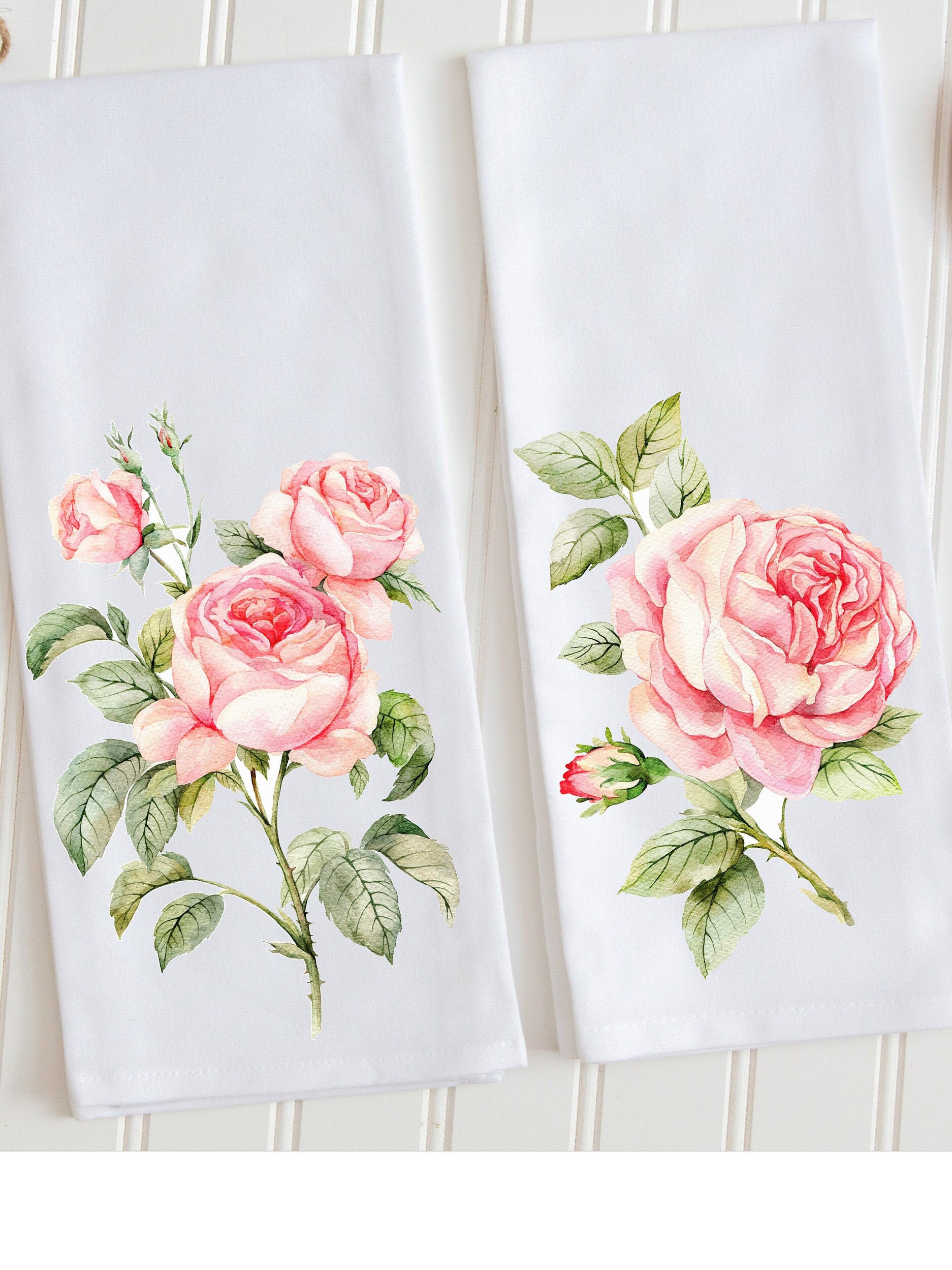 Floral Kitchen Tea Towels Pink Rose Towel Set Roses Summer Etsy