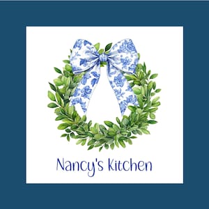 Personalized Kitchen towel designed with boxwood wreath and blue and white toile bow, Coquette design for beautiful kitchen decor