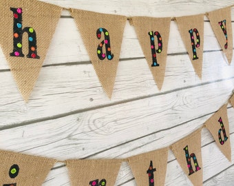 Happy Birthday Burlap Banner, Birthday Bunting, Polka Dot Birthday Banner