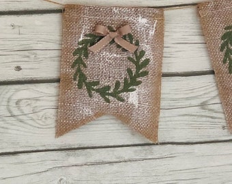 Rustic Holiday Wreath banner,  Rustic Christmas banner, Holiday Wreath burlap banner