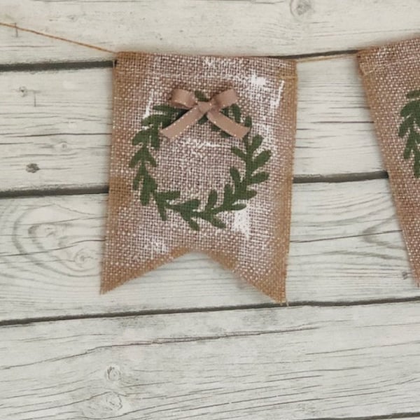 Rustic Holiday Wreath banner,  Rustic Christmas banner, Holiday Wreath burlap banner