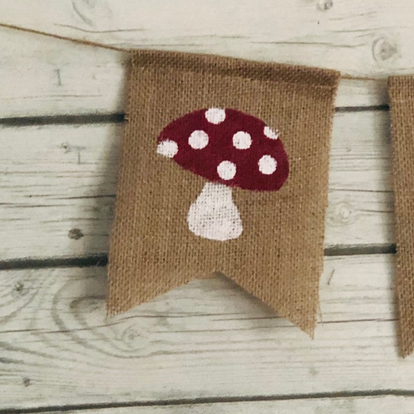 Mushroom burlap banner, Red and White Mushrooms, Toad Stool decor, Classroom decor, Mushroom decor, Woodland decor