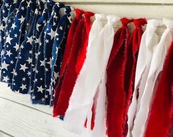 American Flag Rag Tie Banner; Patriotic Rag Tie Garland; Fabric Flag Banner