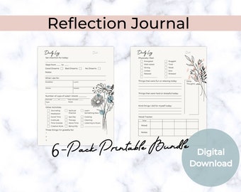 May include: A printable 6-pack bundle of daily reflection journal pages. Each page features a floral design and prompts for daily reflection, including a mood tracker, things you are grateful for, and things that were fun or stressful today.