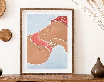 Woman body abstract geometric digital illustration print | Instant download linocut modern minimalist | Neutral feminine figure bikini