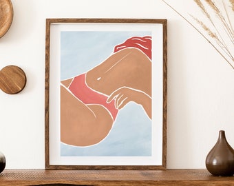 May include: A framed illustration of a person in a pink bikini lying on a light blue background.