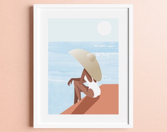 Sweet Sunsets Digital Print | Girl on Beach Floppy Hat | Flat Illustration Modern Minimalist Boho | Instant Download | Geometric Vector Art