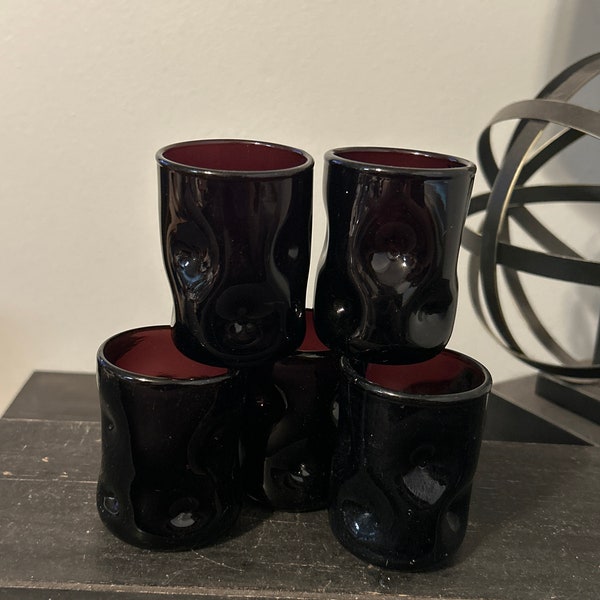 Vintage Blenko Dimpled Hand Blown Deep Reddish Purple Juice Glasses - Set of 5