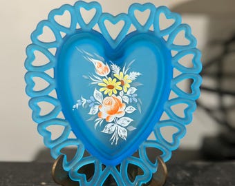 Vintage Westmoreland Blue Satin Glass Heart Plate with Heart Lace Edge
