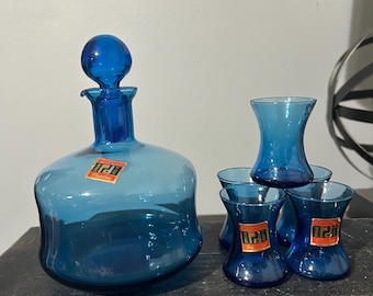 Vintage MCM Hand Made in Italy Peedee Blue Glas Decanter and Five