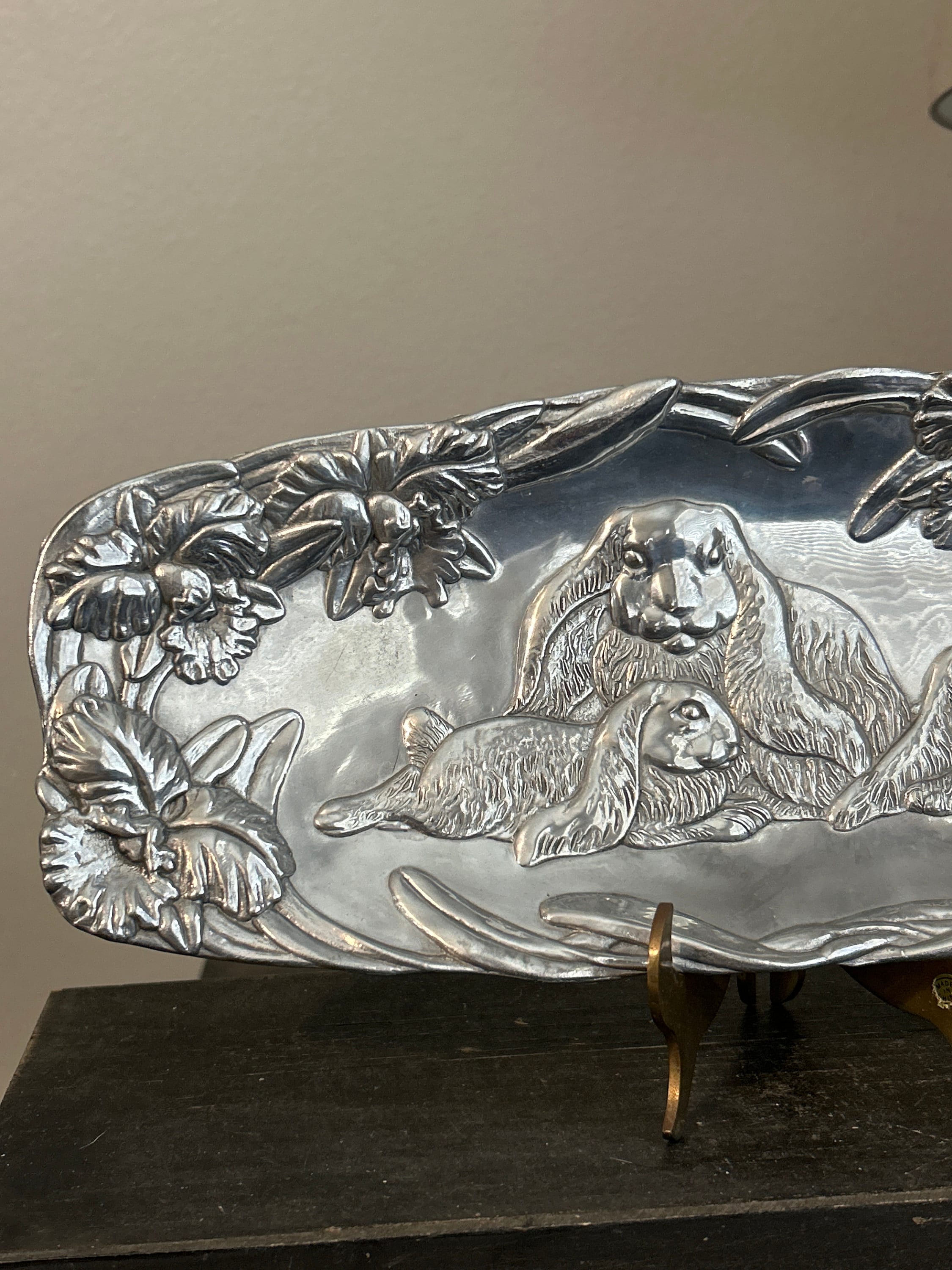 1994 Arthur Court Cast Aluminum Rectangular Rounded Bunny and Florals ...