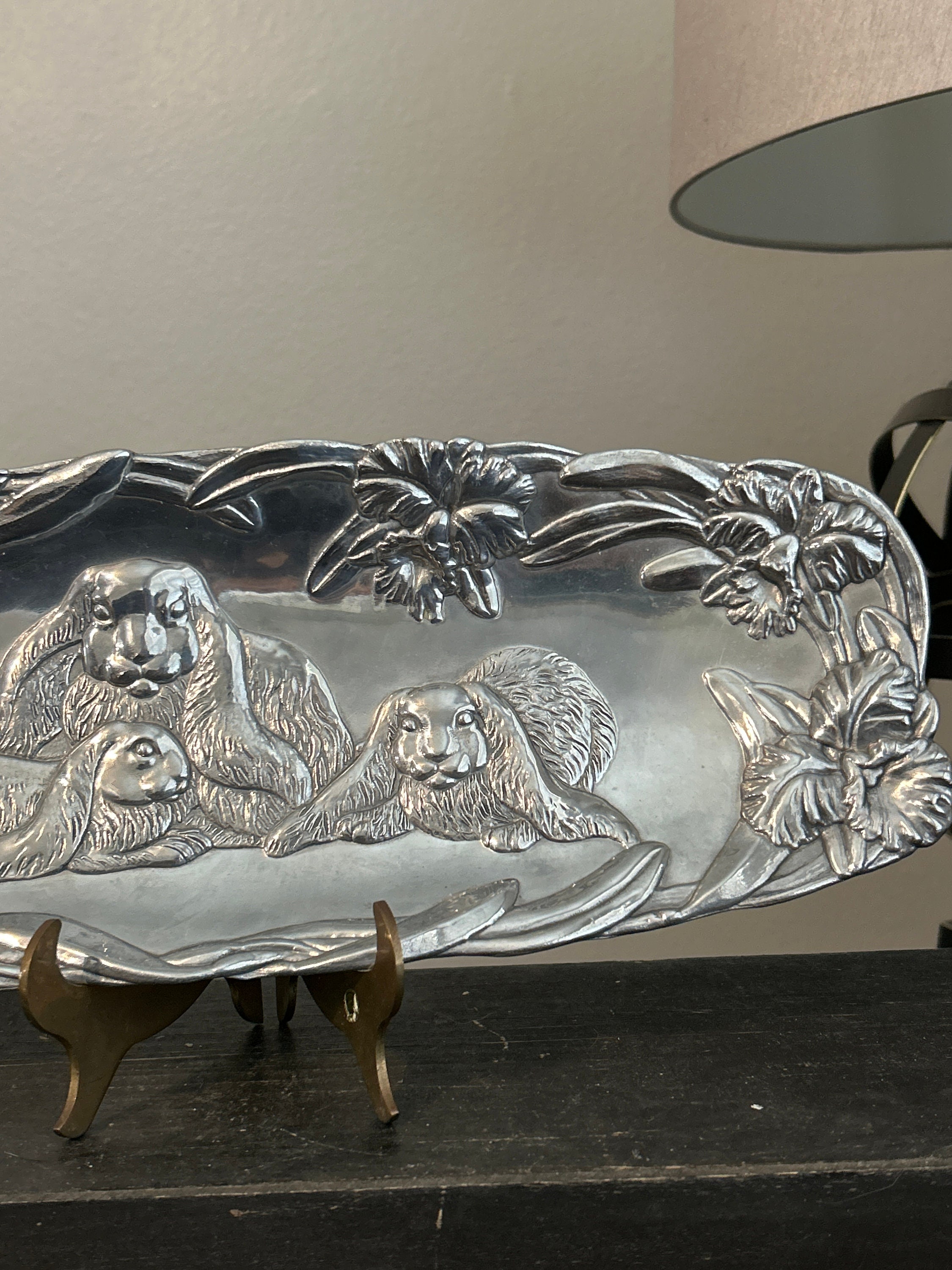 1994 Arthur Court Cast Aluminum Rectangular Rounded Bunny and Florals ...