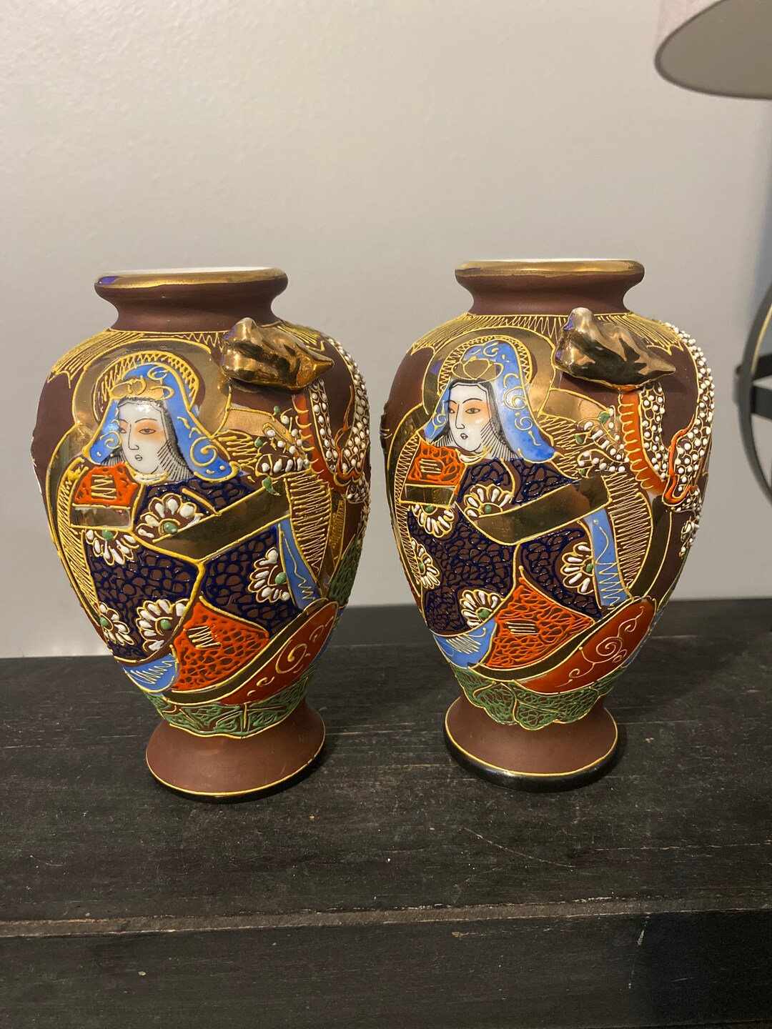 Pair of Moriage Satsuma Dragonware 6.25 Tall Vases With Geisha and Man Hand Painted Made in
