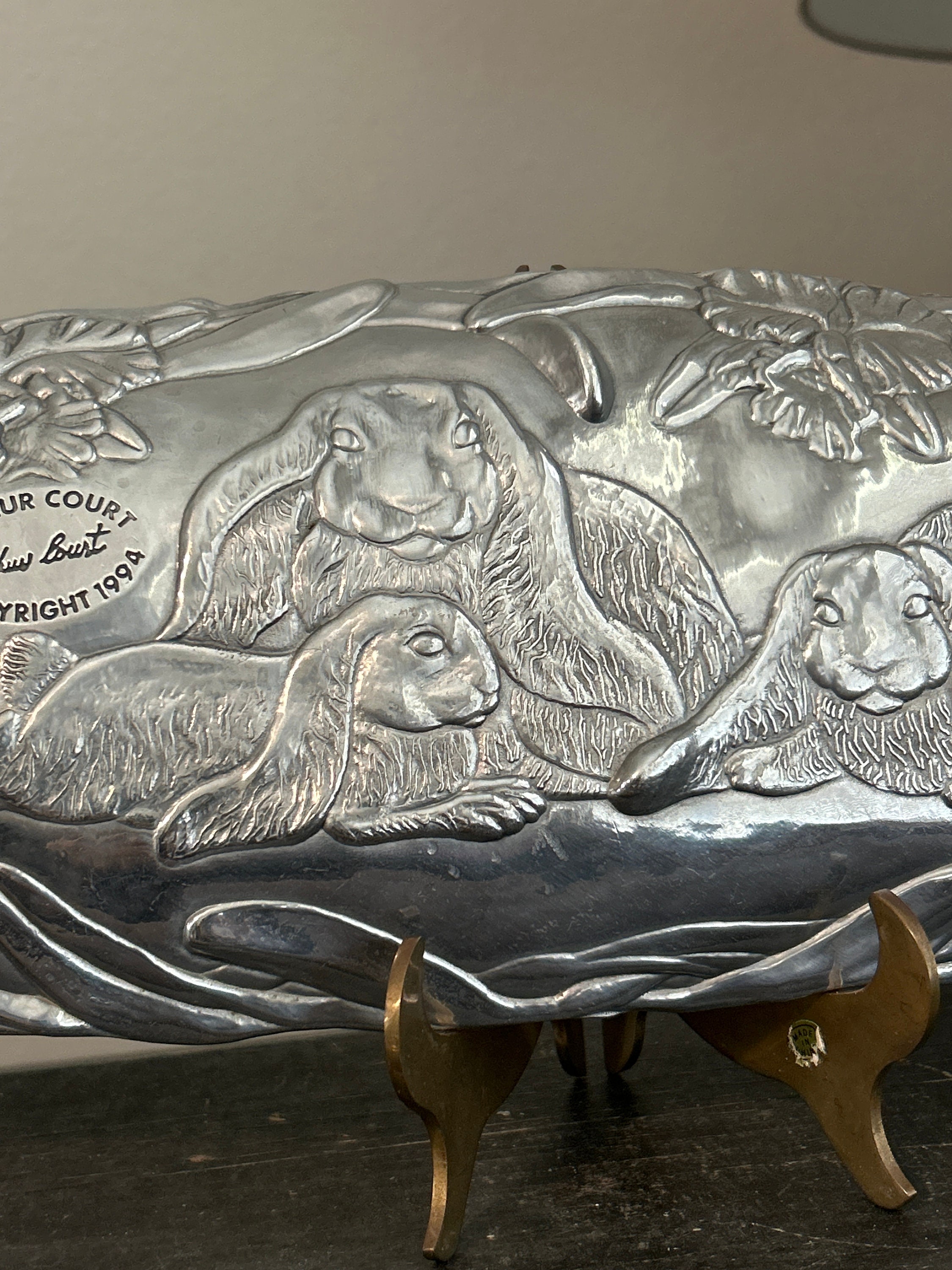 1994 Arthur Court Cast Aluminum Rectangular Rounded Bunny and Florals ...