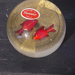 Murano Domed Paperweight with Red Fish Swimming in Gold Flecks - Italy