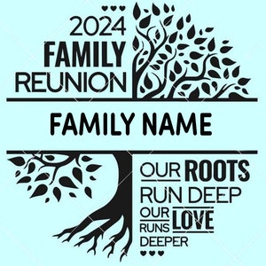 May include: Black and white graphic design of a family tree with the text "2024 Family Reunion" at the top, "Family Name" in the middle, and "Our Roots Run Deep Our Love Runs Deeper" at the bottom.