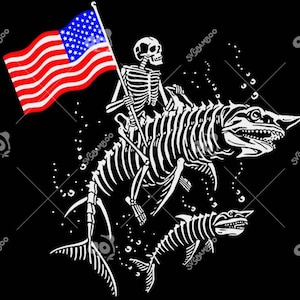 May include: A black and white illustration of a skeleton riding a skeletal shark with an American flag in the background.