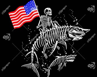 Skelett rida haj 4 juli Svg, roligt skelett 4 juli Svg, fiskskelett amerikansk flagga Svg, självständighetsdagen Svg, röd vit blå