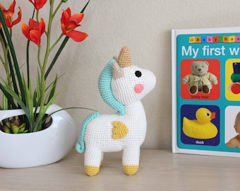 White Stuffed Unicorn, Plush Unicorn Doll, Crochet Unicorn Toy, Amigurumi Animal, Fantasy Unicorn, Nursery Decor