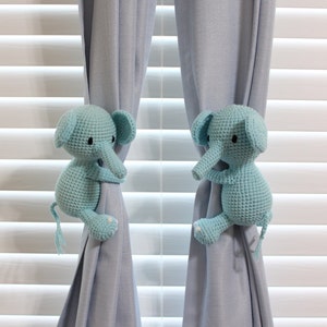 Crochet Elephant Curtain Tie Backs, Stuffed Baby Elephant Curtain Tie Backs, Nursery Curtain Tie Backs, Nursery Decor