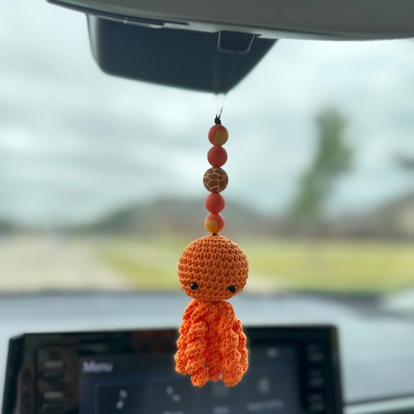 Handmade Crochet Octopus Car Charm, Stuffed Octopus and Silicone Beads Car Hanging, Cute Car Charm