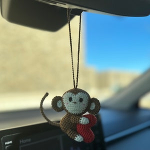 Handmade Crochet Monkey with Heart Car Charm, Stuffed Monkey Car Hanging, Cute Car Charm, Animal Lovers gift