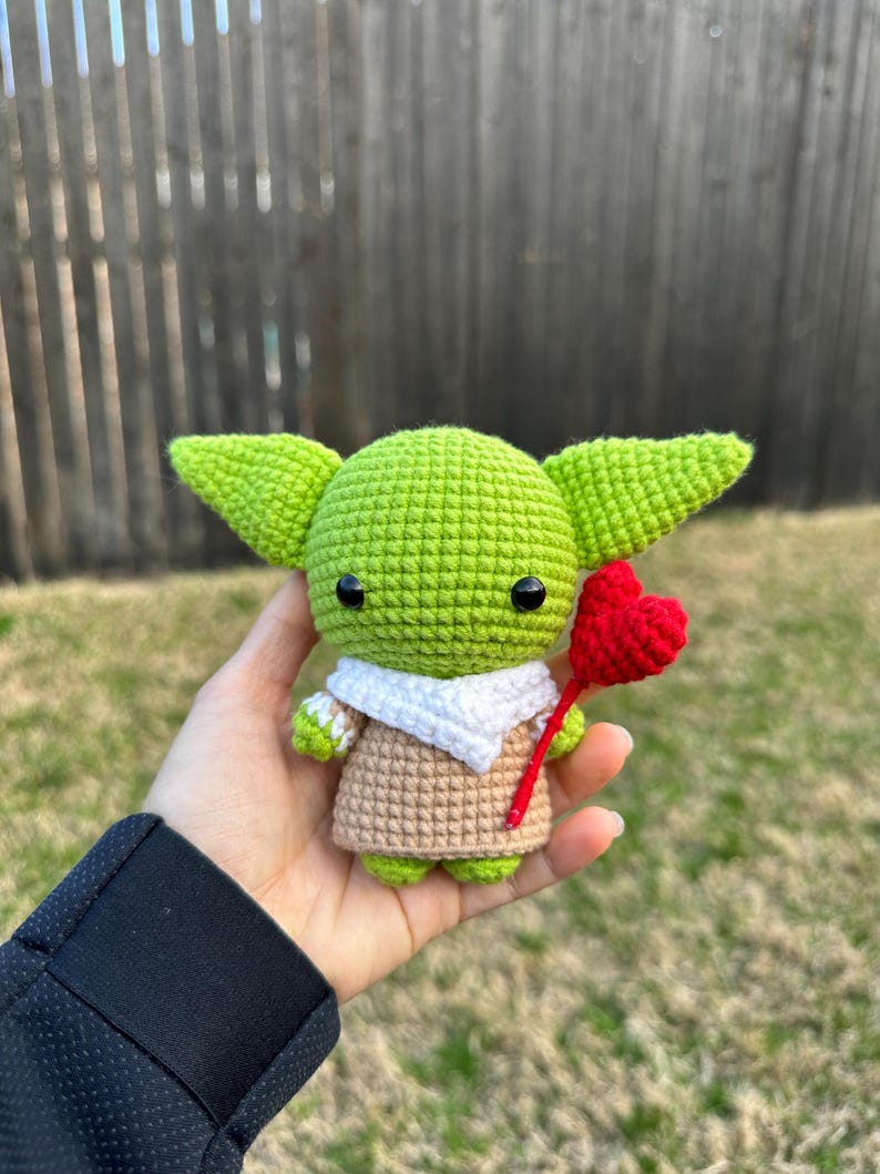 Baby Yoda Crochet Plush with heart, Grogu Amigurumi Doll, Handmade Yoda Crochet Toy, Cute Alien Crochet Gift, Space Inspired Plush image 4