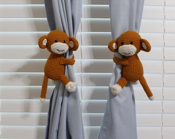 Handmade Crochet Monkey Curtain Tiebacks, Jungle Nursery Decor, Kids Room Holdbacks