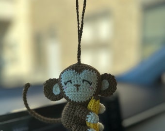 Handmade Crochet Monkey with Banana Car Charm, Stuffed Monkey Car Hanging, Cute Car Charm, Animal Lovers gift