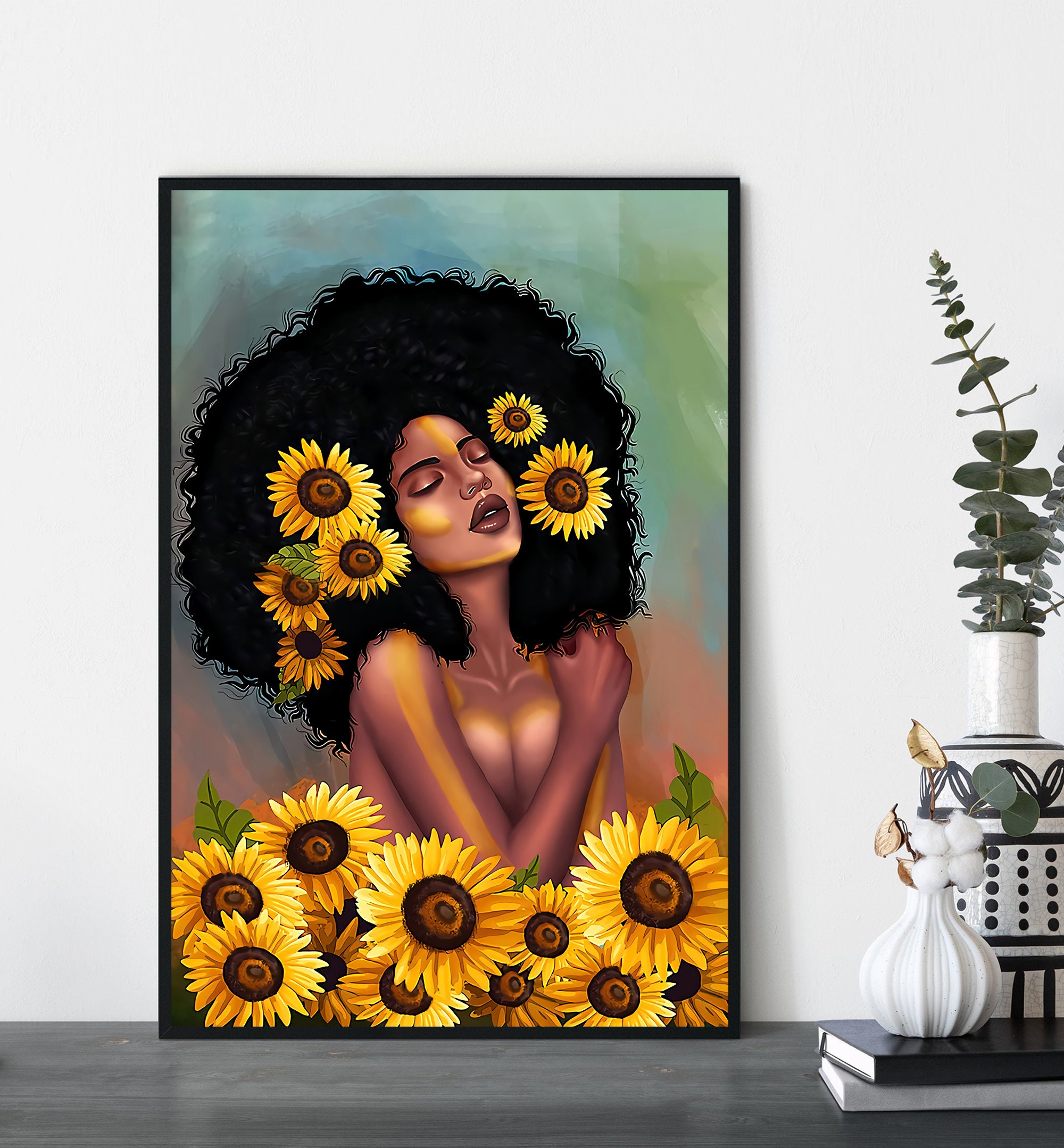 Black Girl Sunflower Poster African American Wall Art Print Etsy