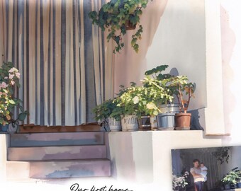 Our First Home Portrait From Photo, Custom Watercolor Family Keepsake