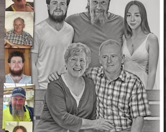 Black and White Family Portrait from Separate Photos | Personalised Digital Artwork | Mother's Day or Father's Day Gift | digital drawing