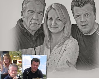 Portrait from Multiple Photos | Black and White Family Illustration | Personalised Mother's Day or Father's Day Gift | custom drawing