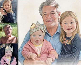 Custom Colour Portrait From Photos, Family Illustration, Personalised Artwork, Father’s Day Gift for Dad
