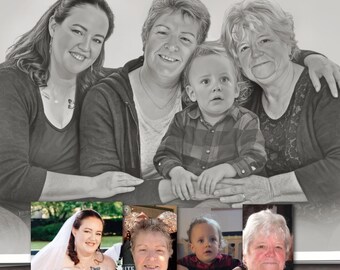 Custom Family Portrait from Multiple Photos | Black and White Illustration | Mother's Day or Father's Day Gift