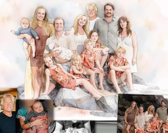 Watercolor Extended Family Portrait from Multiple Photos | Custom Family Illustration | Personalized Digital Artwork | Printable Gift