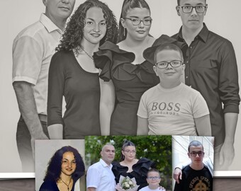 Custom Family Portrait from Multiple Photos | Black and White Memorial Illustration | Mother's Day or Father's Day Gift