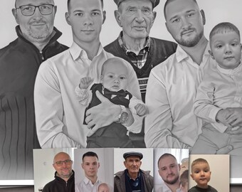 Family Portrait from Multiple Photos | Black and White Illustration | Father's Day Gift for Dad and Grandpa | Custom digital drawing