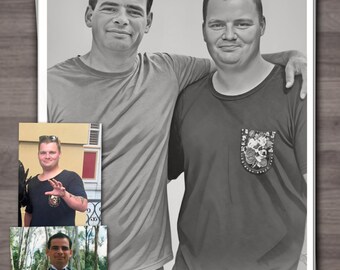 Black and White Portrait from Two Photos | Personalised Men's Illustration | Father's Day Gift for Dad ! Custom Digital Drawing