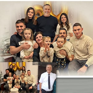 Pode incluir: Uma colagem digital apresentando um retrato de grupo de uma família multigeracional com adultos, crianças e um bebê, ao lado de uma foto menor de um homem com camisa branca e gravata, com texto indicando que é um arquivo digital.