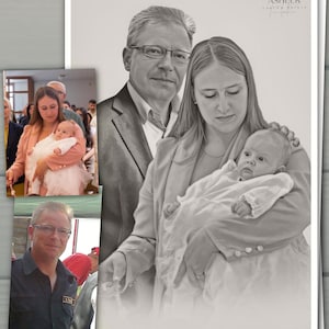 Könnte beinhalten: Eine digitale Graustufen-Porträtillustration eines Mannes im Anzug mit Brille, der hinter einer Frau steht, die ein Baby in einem weißen Kleid hält. Zwei kleinere Referenzfotos sind links überlagert und zeigen dieselben Personen.